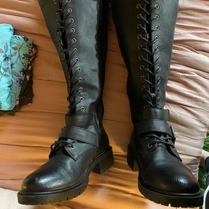 COPY - BLACK FAUX LEATHER LACE-UP KNEE-HIGH COMBA…